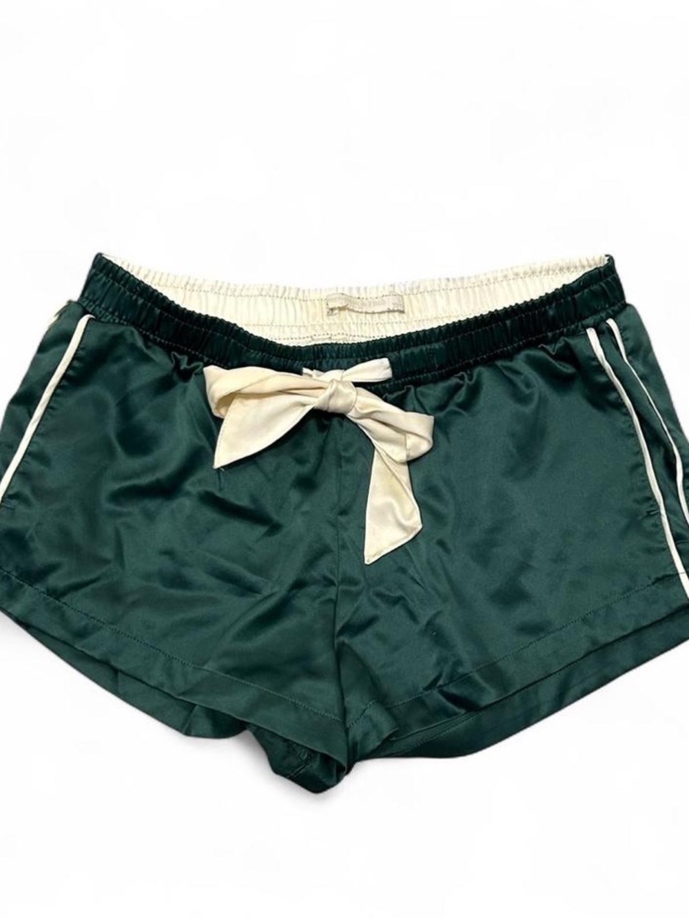 Abercrombie & Fitch Dark Green Satin Shorts with Cream Waistband